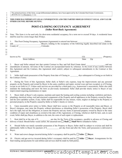 Download Colorado Post Closing Occupancy Agreement Form in PDF