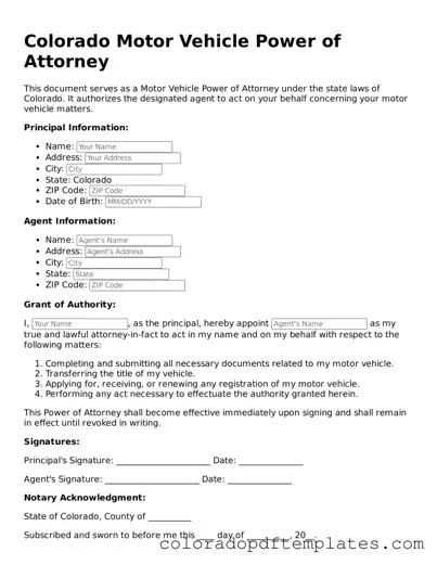 Blank Motor Vehicle Power of Attorney Template for Colorado State